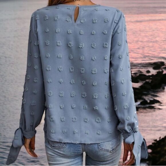SHEIN NEW SWISS DOT SPLIT SLEEVE KNOT CUFF BLOUSE TOP POWDER BLUE PEARLS LARGE - Picture 6 of 10